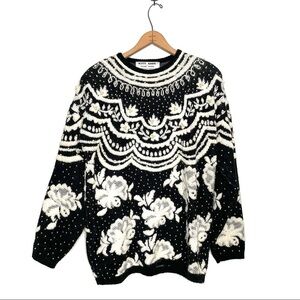 Kitty Hawk by Vivian Wang | Black and White Floral Pearl Embellished Sweater